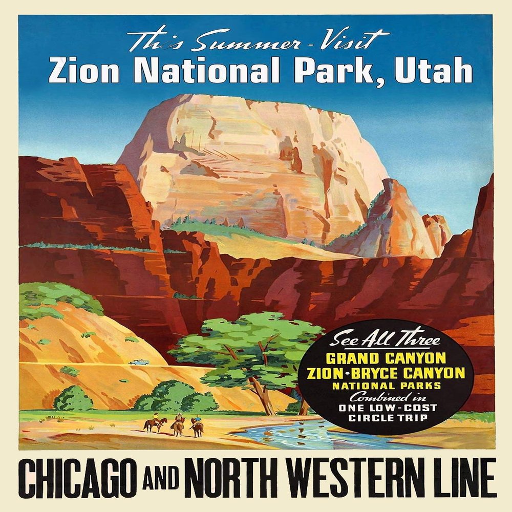 Magnet 1950s Zion Nationa Park Chicago North Western Line RR Travel Magnet Vinyl Magnetic Sheet for Lockers, Cars, Signs, Refrigerator 5"