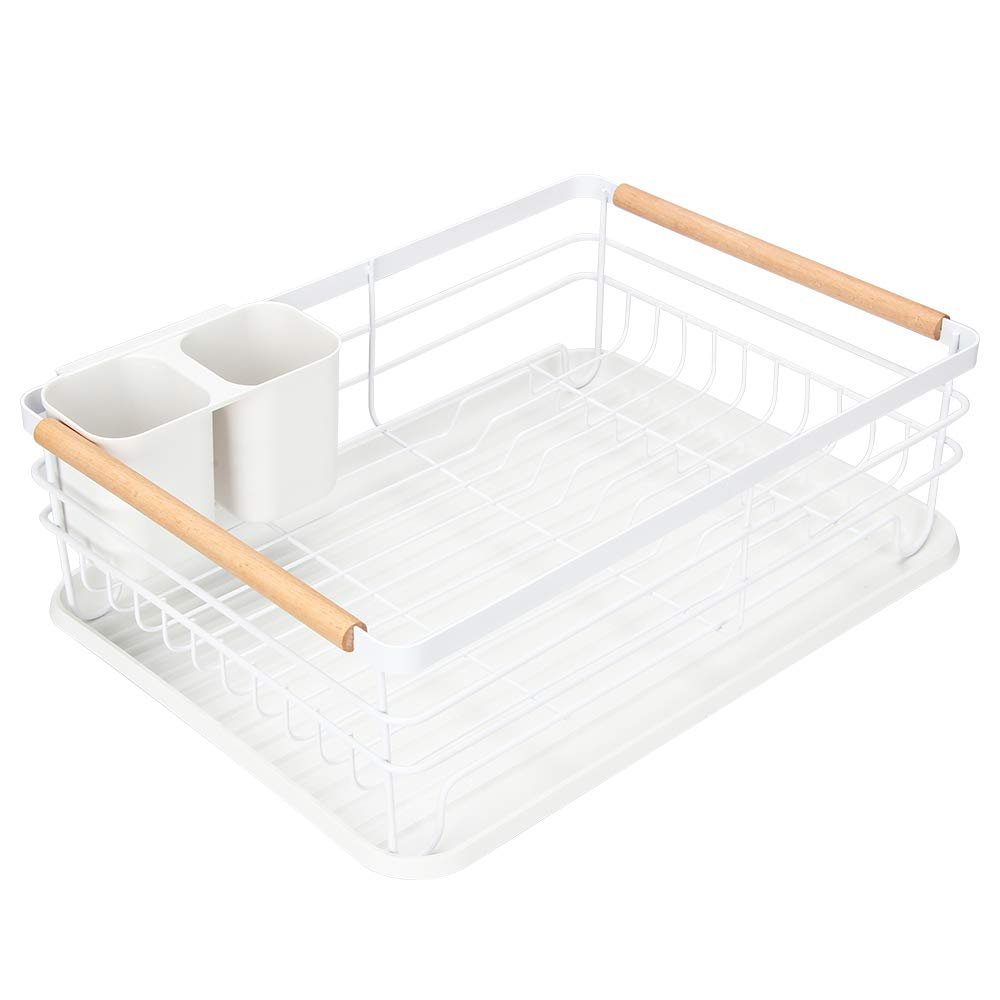 Attom Tech Home Modern Wood Handle Dish Rack and Drain Board, 16.5" x 12" x 5.5" Kitchen Plate Cup Dish Drying Rack Tray Cutlery Dish Drainer