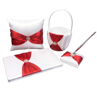 Abbie Home 4 in All Wedding Guest Book + Pen Set + Flower Basket + Ring Pillow Rhinestone Party Favor (Red)