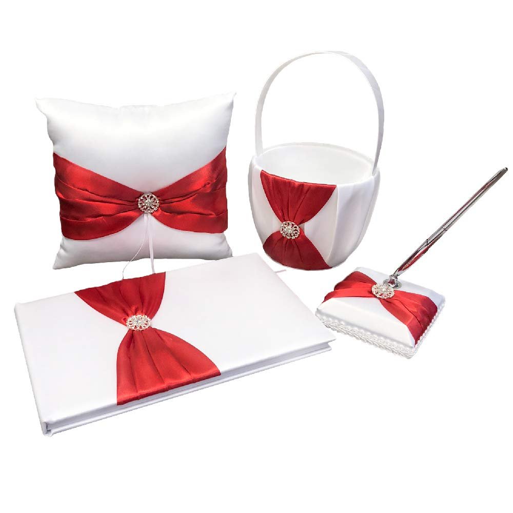 Abbie Home 4 in All Wedding Guest Book + Pen Set + Flower Basket + Ring Pillow Rhinestone Party Favor (Red)