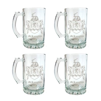 McLoughlin Irish Family Coat of Arms 16oz Beer Stein Set of 4 Personalized Engraving Included