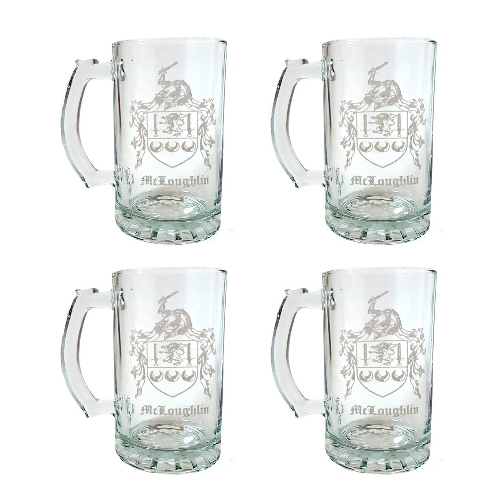 McLoughlin Irish Family Coat of Arms 16oz Beer Stein Set of 4 Personalized Engraving Included