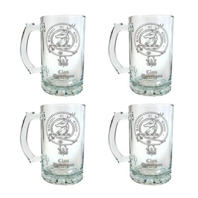 Clan Davidson Crest Beer Stein Set of 4  16 oz | Scottish Heritage Glassware | Engraved Personalization Included