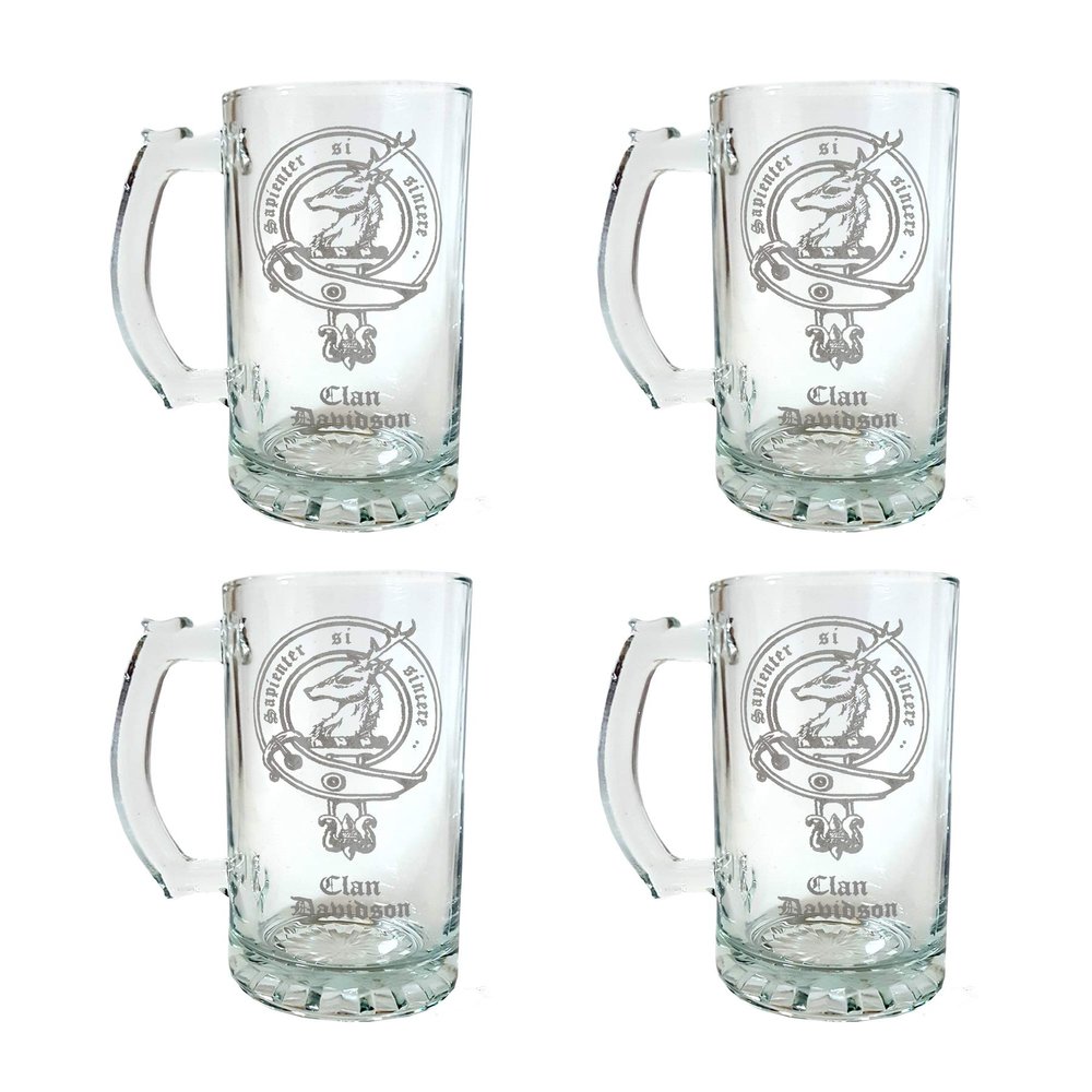 Clan Davidson Crest Beer Stein Set of 4  16 oz | Scottish Heritage Glassware | Engraved Personalization Included