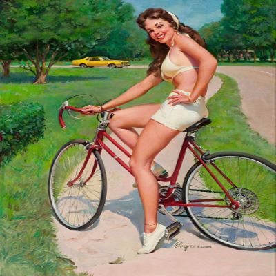 Magnet Elvgren 1975 Brunette Pin-Up Girl On Bicycle Cycling Magnet Vinyl Magnetic Sheet for Lockers, Cars, Signs, Refrigerator 5"