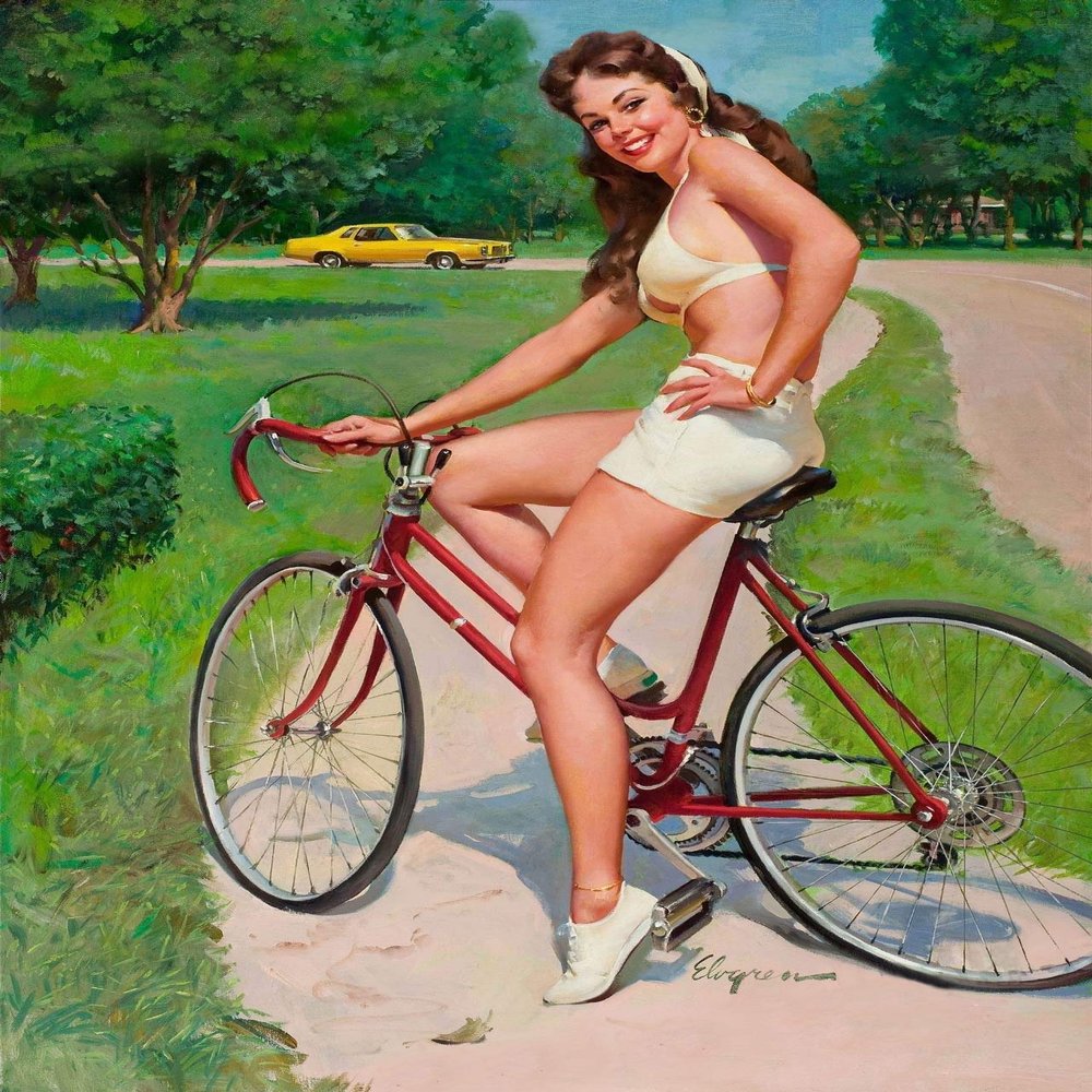 Magnet Elvgren 1975 Brunette Pin-Up Girl On Bicycle Cycling Magnet Vinyl Magnetic Sheet for Lockers, Cars, Signs, Refrigerator 5"
