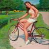 Magnet Elvgren 1975 Brunette Pin-Up Girl On Bicycle Cycling Magnet Vinyl Magnetic Sheet for Lockers, Cars, Signs, Refrigerator 5" view 1
