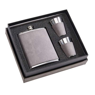 Leatherette Box with Flask and Two Cups in Gray