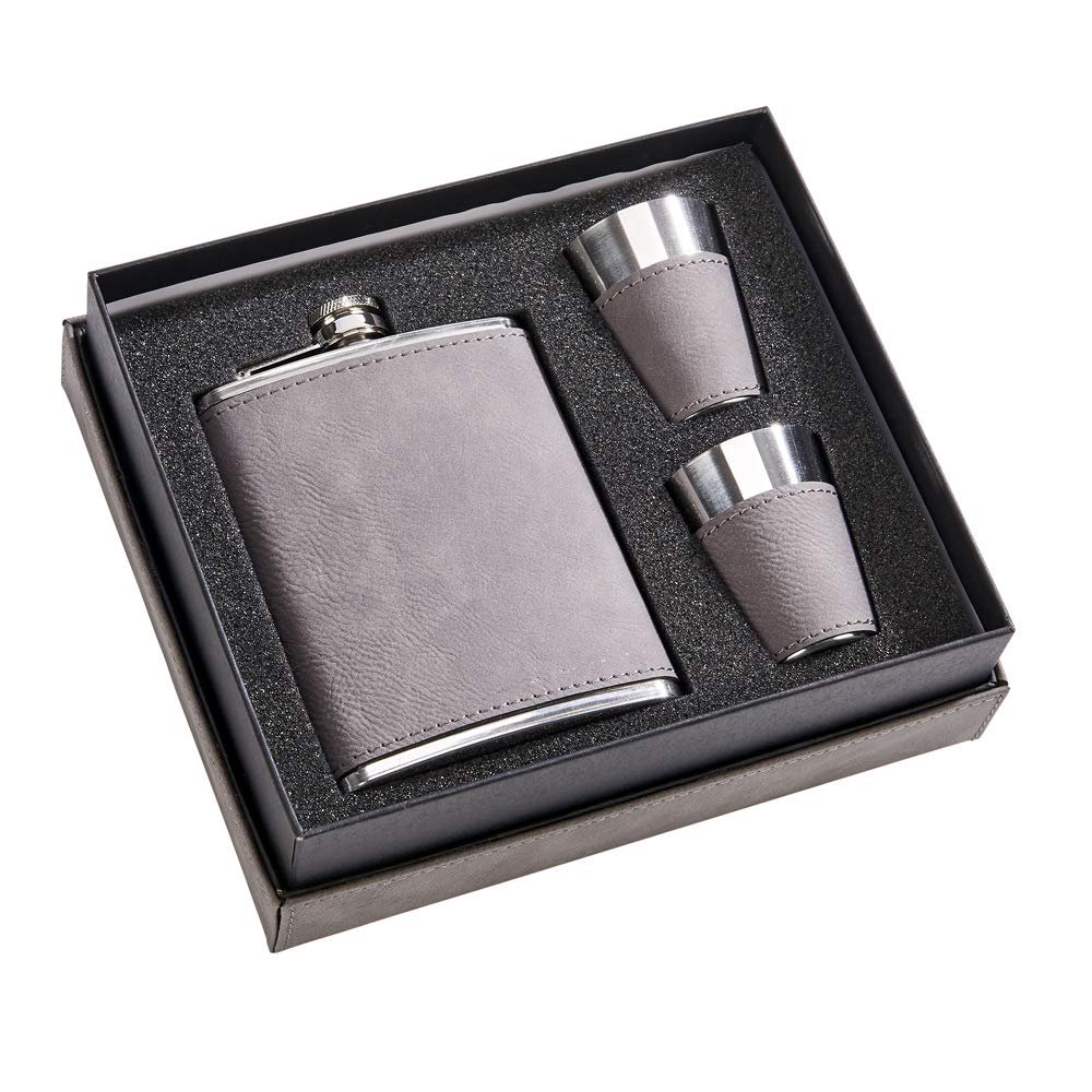 Leatherette Box with Flask and Two Cups in Gray