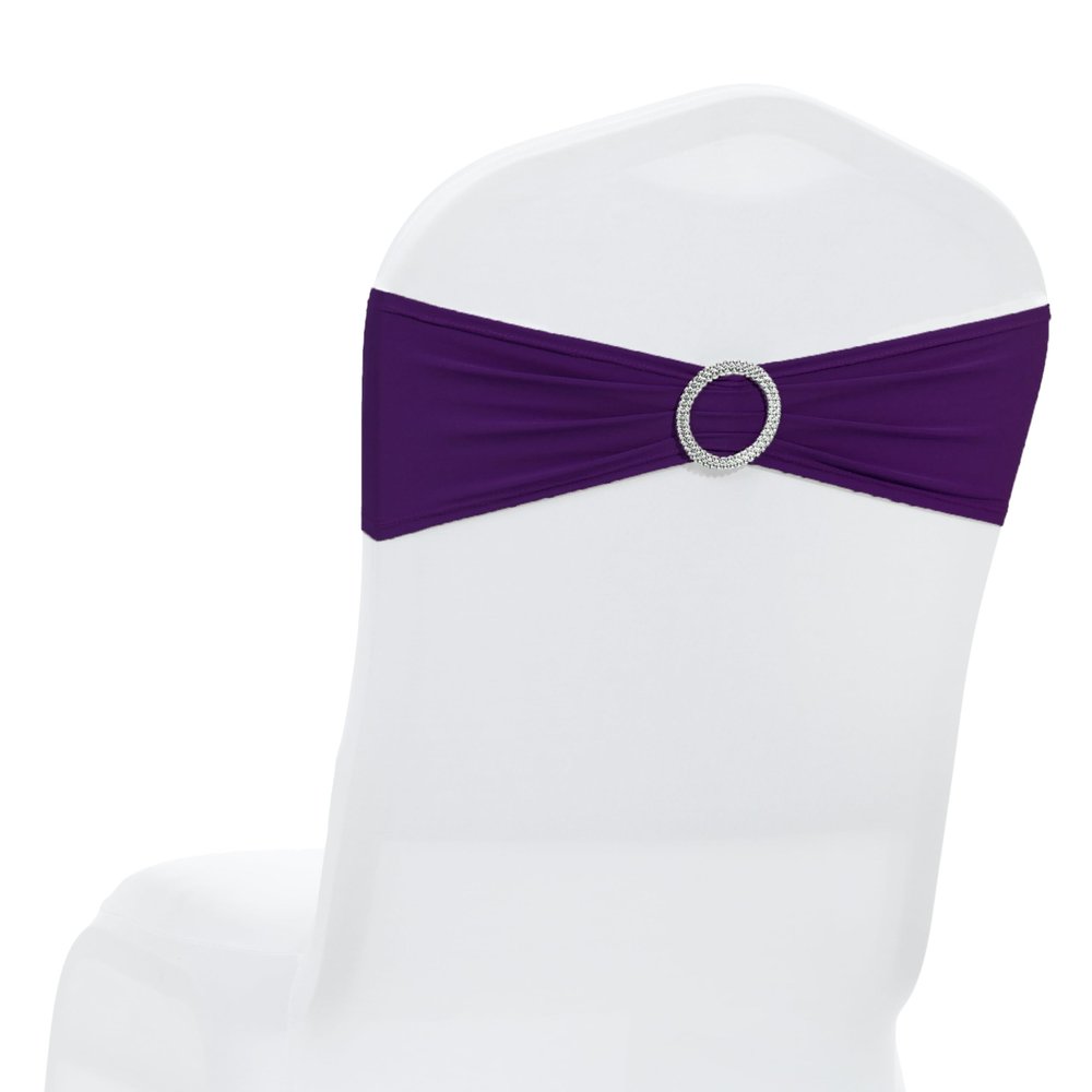 MDS Pack of 100 Spandex Chair Sashes Bow Premium Stretch Chair Cover Band with Buckle Slider Universal fits Elastic Dining Chair Ties for Wedding Party Banquet Events Decoration - Purple