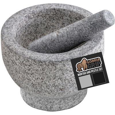 GORILLA GRIP 100% Natural Granite Stone Mortar and Pestle Set, 4 Cup, Non-Scratch Base, Heavy Duty Unpolished Molcajete Guacamole Salsa Bowl, Grind Seeds, Garlic, Herbs, Spices, Kitchen Muddler, Gray