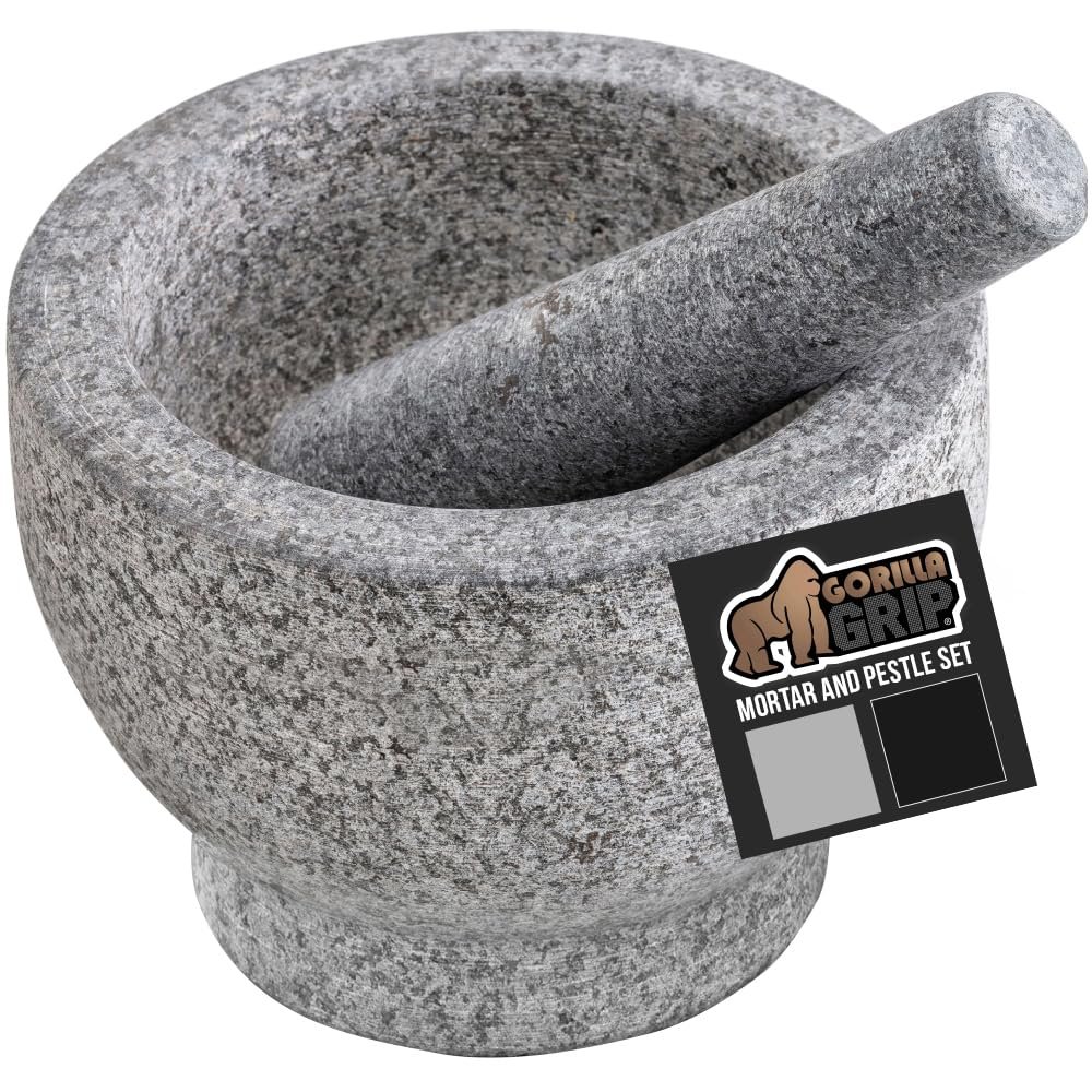 GORILLA GRIP 100% Natural Granite Stone Mortar and Pestle Set, 4 Cup, Non-Scratch Base, Heavy Duty Unpolished Molcajete Guacamole Salsa Bowl, Grind Seeds, Garlic, Herbs, Spices, Kitchen Muddler, Gray
