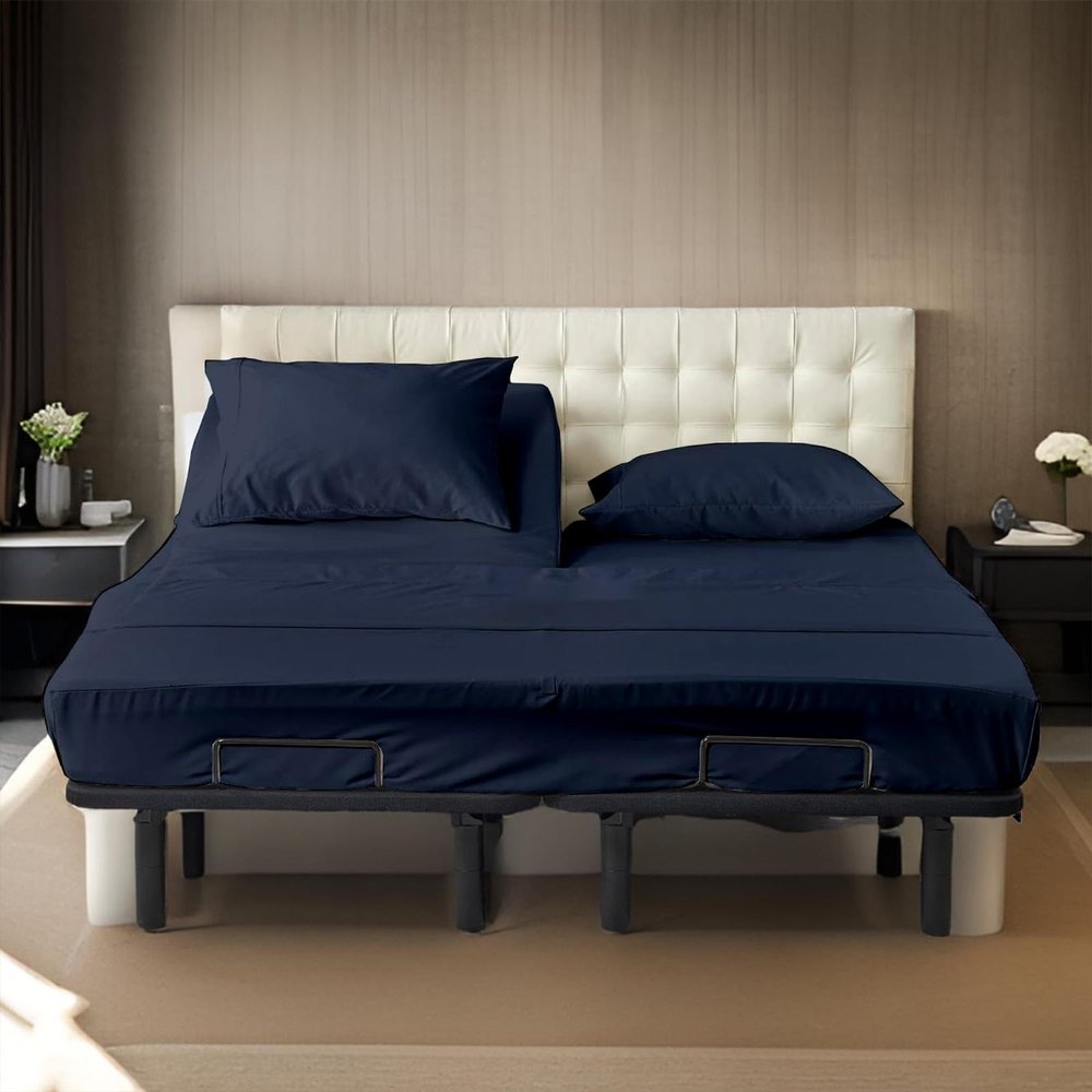 Split Head Flex King Sheets for Adjustable Beds, Flex Top King Sheets for Sleep Number Bed 100% Egyptian Cotton - 4Pcs Sheet Set -39" Top Split fit Upto 16" Deep Mattress (Navy Blue Solid)