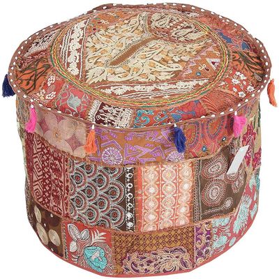 GANESHAM KLAVATE Indian Hippie Vintage Cotton Floor Pillow & Cushion Patchwork Bean Bag Chair Cover Boho Bohemian Hand Embroidered Handmade Pouf Ottoman (Brown, 13" H x 22" Diam.(inch))