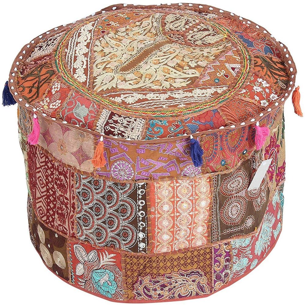 GANESHAM KLAVATE Indian Hippie Vintage Cotton Floor Pillow & Cushion Patchwork Bean Bag Chair Cover Boho Bohemian Hand Embroidered Handmade Pouf Ottoman (Brown, 13" H x 22" Diam.(inch))