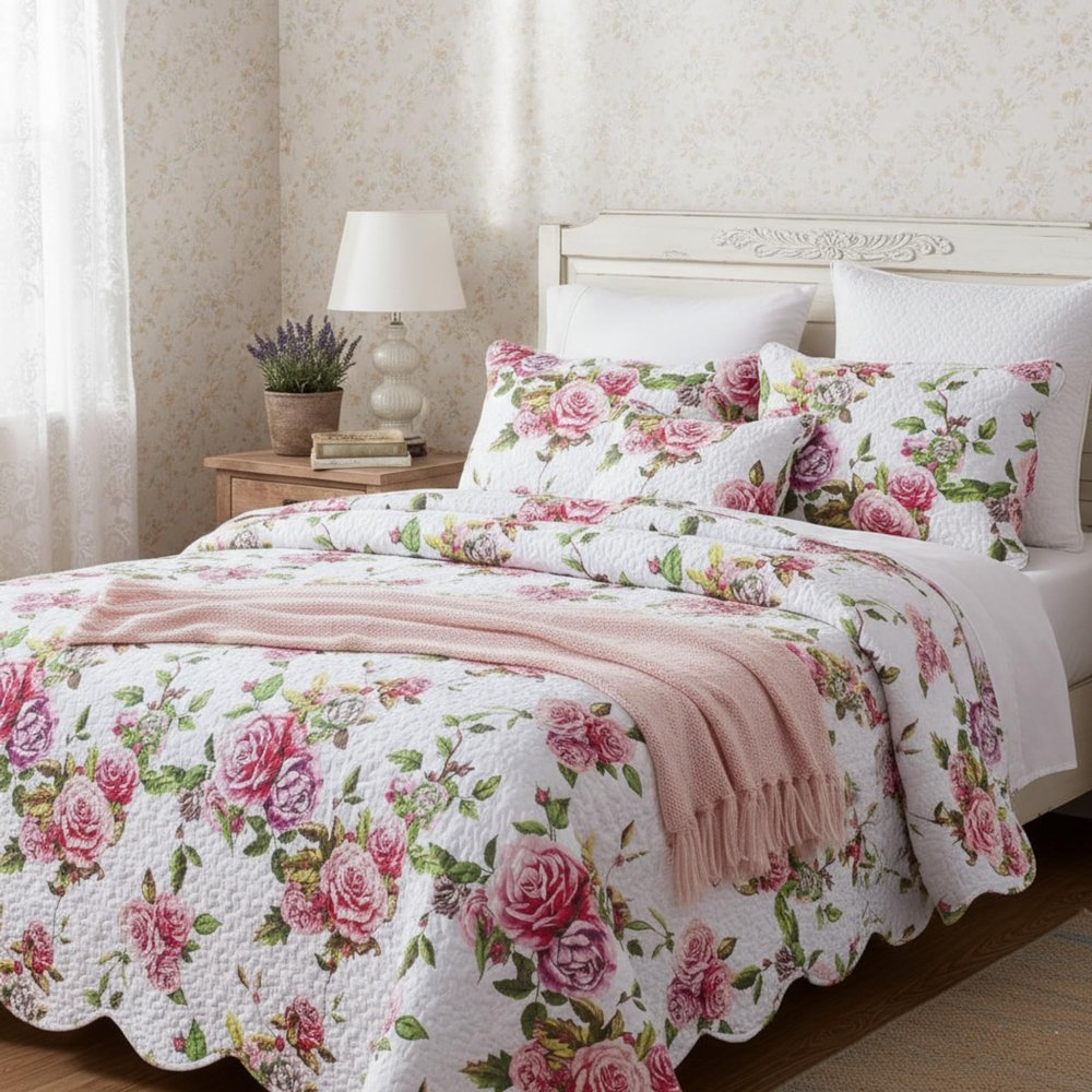 DaDa Bedding Romantic Roses Floral Bedspread Set - Lovely Spring Pink & White Scalloped Colorful Lightweight Breathable - Bright Vibrant Quilted Coverlet w/Pillow Shams - Twin - 2-Pieces