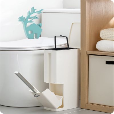 Baffect 2 Liter White Slim Bathroom Trash Can with Lid and Toilet Brush Holder