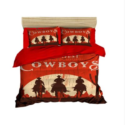3D Printed Cowboy Bedding Set, Wild West Cowboys Western Style and Horses Themed 100% Cotton Quilt/Duvet Cover Set, Special Design, Vintage Bed Set, Red, Full/Queen Size, Comforter Included (5 Pieces)
