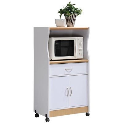 Pemberly Row Microwave Kitchen Cart, 42 in H x 24 in W x 17 in D, Wood Construction, White Finish, Drawer and Cabinet Storage, Mobile Wheels, Contemporary Style for Home or Office Kitchens