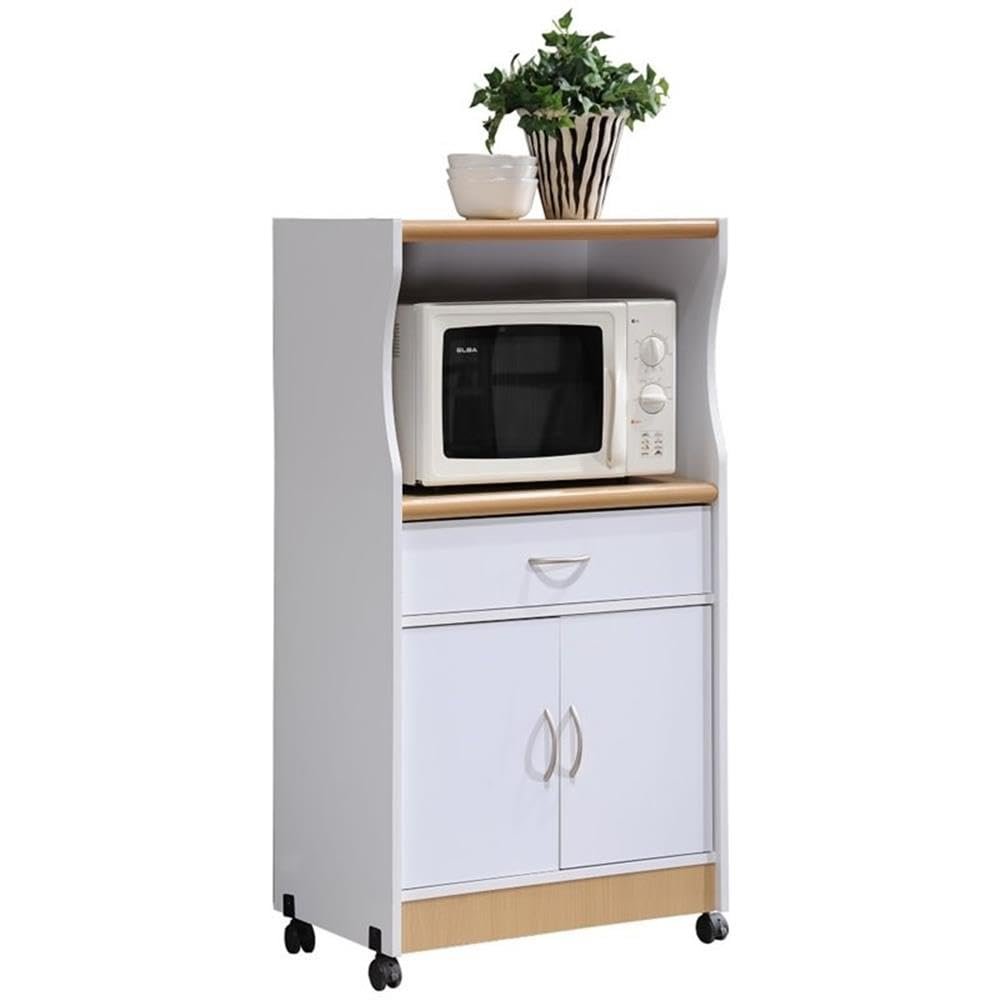 Pemberly Row Microwave Kitchen Cart, 42 in H x 24 in W x 17 in D, Wood Construction, White Finish, Drawer and Cabinet Storage, Mobile Wheels, Contemporary Style for Home or Office Kitchens