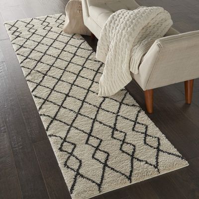 Nourison Geometric Shag Moroccan Ivory/Charcoal 2'2" x 7'6" Area Rug, Easy Cleaning, Non Shedding, Bed Room, Living Room, Dining Room, Kitchen (2x8)