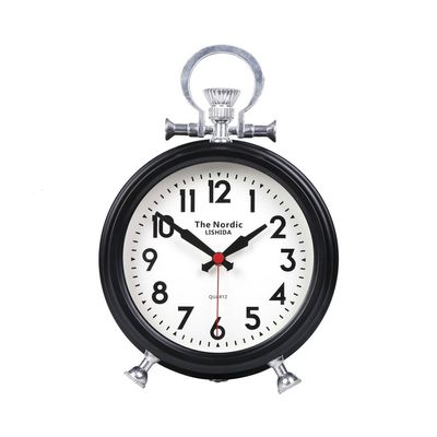 CLOCKZHJI Retro Desk Clock and Table Clock Retro Clock, Metal Round Analog Table Clock, 12 (H) 9(W) 3.1 (Depth) Inches Shelf Clock (Color : Black)