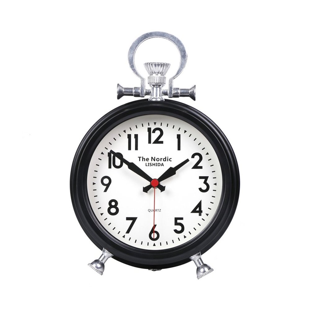 CLOCKZHJI Retro Desk Clock and Table Clock Retro Clock, Metal Round Analog Table Clock, 12 (H)  9(W)  3.1 (Depth) Inches Shelf Clock (Color : Black)