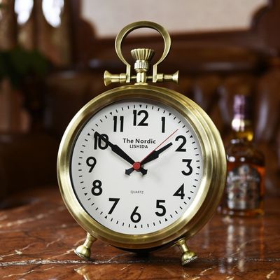 CLOCKZHJI Retro Desk Clock and Table Clock Retro Clock, Metal Round Analog Table Clock, 12 (H) 9(W) 3.1 (Depth) Inches Shelf Clock (Color : Bronze)