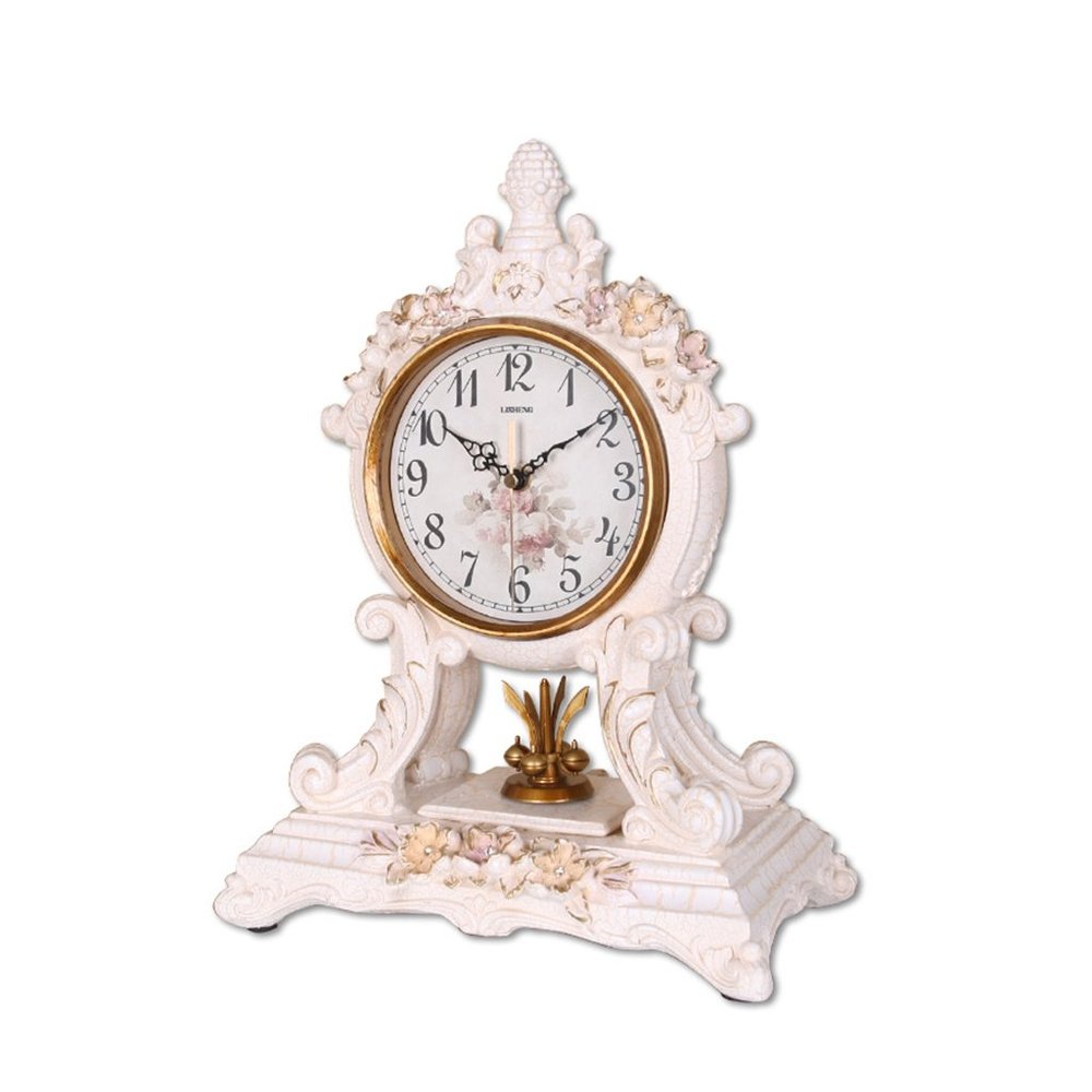 CLOCKZHJI Retro Desk Clock and Table Clock Retro Clock, Non-Ticking, European Flower Decoration, Bedside Resin Living Room Table Clock 14 " 10.6"  6.3 "(White) Shelf Clock