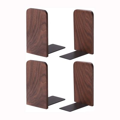 Muso Wood Book Ends for Shelves, Non-Slip Bookends, Heavy Duty Wooden Bookend Support for Books and Movies (Walnut 2 Pairs)