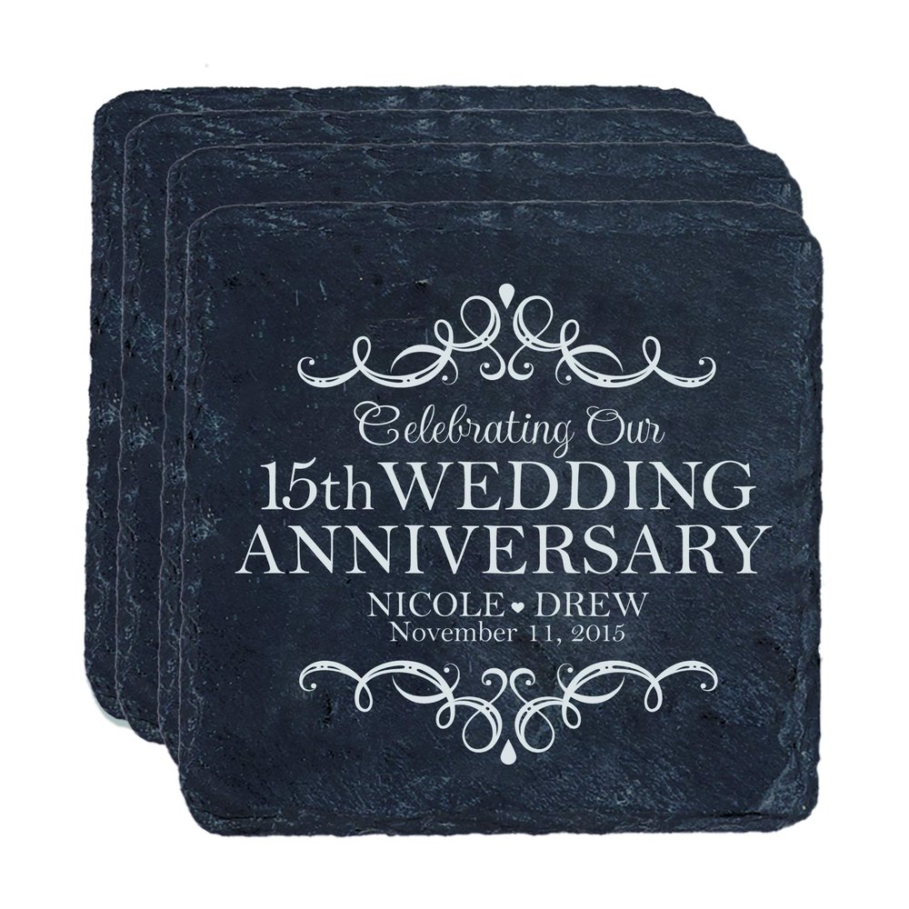 LifeSong Milestones Personalized 15th Anniversary Absorbent Slate Coaster 4 Piece Set 15 Years of Marriage - Fifteen Year Wedding Keepsake Gift for Parents Husband Wife him her 4