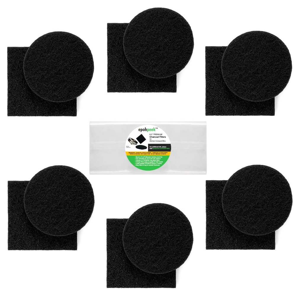 Epohpeek Compost Bin Filters Charcoal - Filter Replacement for Kitchen Pail Composter, 12 Pack Extra Thick (1cm) Fits Gallon Bucket Countertop Bins - Activated Carbon, 6 Round 6 Square, Both 6.5