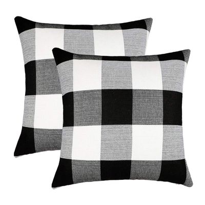 4TH Emotion Set of 2 Farmhouse Buffalo Check Plaid Throw Pillow Covers Cushion Case Polyester Linen for Fall Home Decor Black and White, 24 x 24 Inches