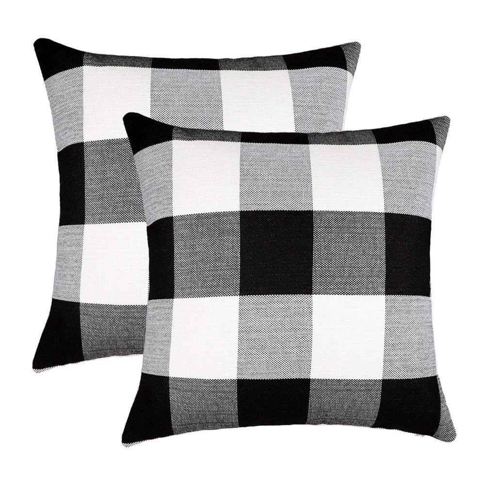 4TH Emotion Set of 2 Farmhouse Buffalo Check Plaid Throw Pillow Covers Cushion Case Polyester Linen for Fall Home Decor Black and White, 24 x 24 Inches