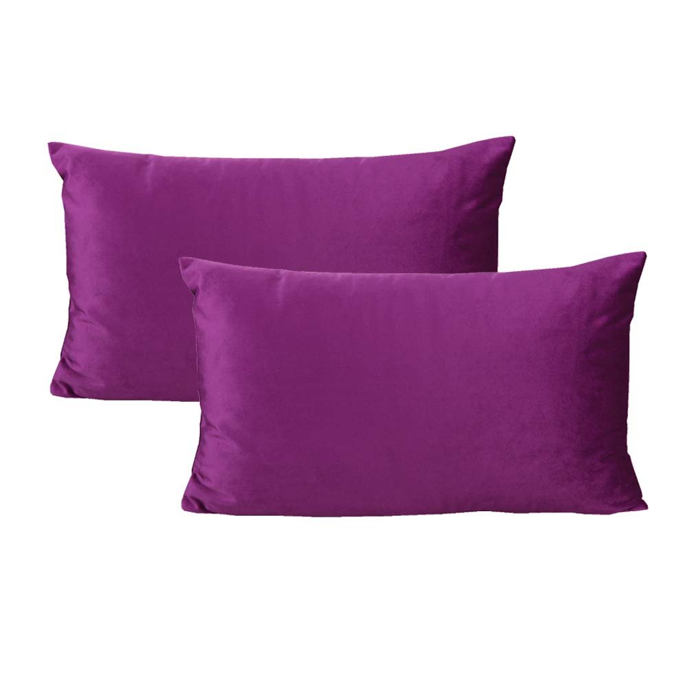 12x20 Inch Set of 2 Rectangle Lumbar Velvet Soft Throw Pillow Cases Solid Cushion Covers Home Decorative for Couch Sofa Bedroom, Purple Magenta