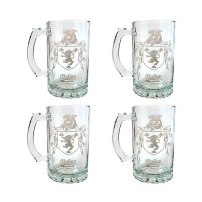 Molloy Irish Family Coat of Arms Beer Stein Set of 4, 16oz  Personalized Heraldic Engraving