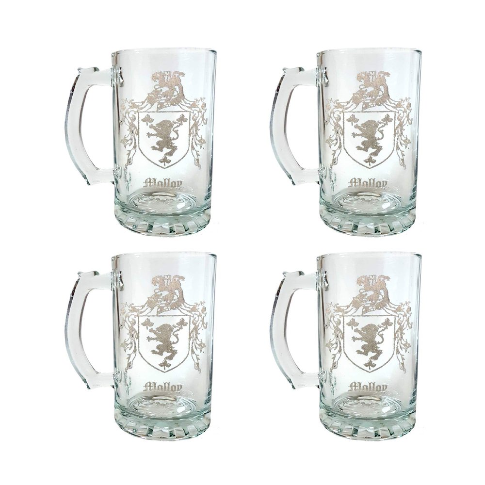 Molloy Irish Family Coat of Arms Beer Stein Set of 4, 16oz  Personalized Heraldic Engraving