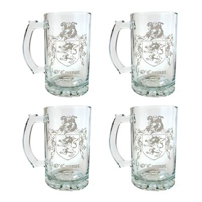 O'Connor Irish Family Coat of Arms 16oz Beer Stein Set of 4 - Personalized Heraldic Engraving