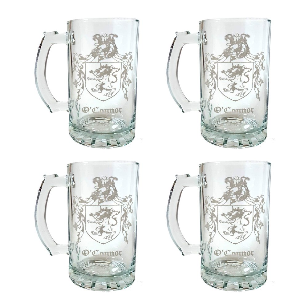 O'Connor Irish Family Coat of Arms 16oz Beer Stein Set of 4 - Personalized Heraldic Engraving