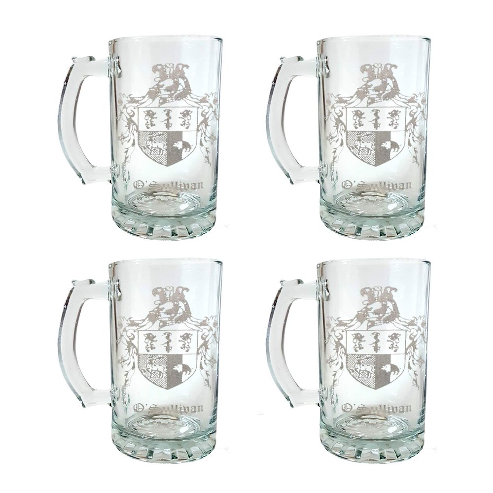 O'Sullivan Irish Family Coat of Arms 16oz Beer Stein Set of 4: Free Shipping & Personalized Engraving