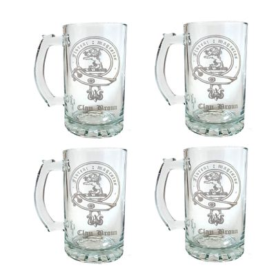 Broun Scottish Clan Crest 16oz Beer Stein Set of 4, Personalized Engraved Glassware