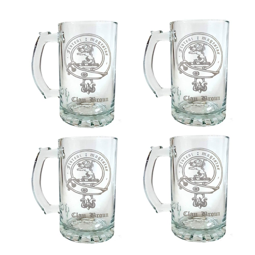 Broun Scottish Clan Crest 16oz Beer Stein Set of 4, Personalized Engraved Glassware