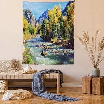Ambesonne Landscape Tapestry, Mountains of Colorado with Forest and River Summer Foliage Idyllic Photo, Wall Hanging for Bedroom Living Room Dorm Decor, 60" X 80", Sage Green