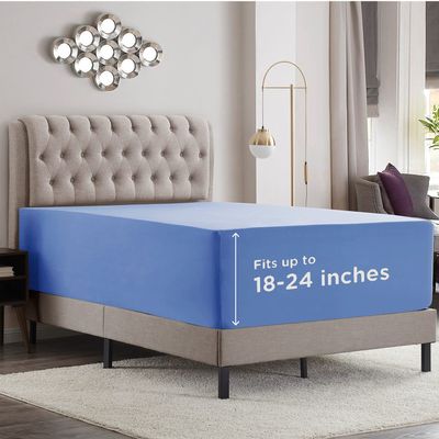 Empyrean Calm Blue Extra Deep Pocket Fitted Sheet Full Size, Hotel Luxury Deep Pocket Full Size Fitted Sheet Only Easily Fits 18 to 24 Inch Mattress, Soft, Wrinkle-Free with Corner Straps