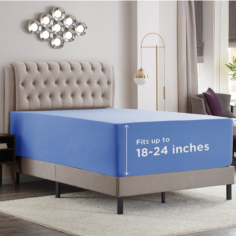 Empyrean Calm Blue Extra Deep Pocket Fitted Sheet Full Size, Hotel Luxury Deep Pocket Full Size Fitted Sheet Only Easily Fits 18 to 24 Inch Mattress, Soft, Wrinkle-Free with Corner Straps