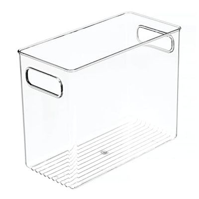 mDesign Tall Modern Stackable Plastic Storage Organizer Bin Basket with Handles for Bathroom Vanity Organization - Shelf, Cubby, Cabinet, or Closet Organizing Decor - Ligne Collection - 4 Pack - Clear