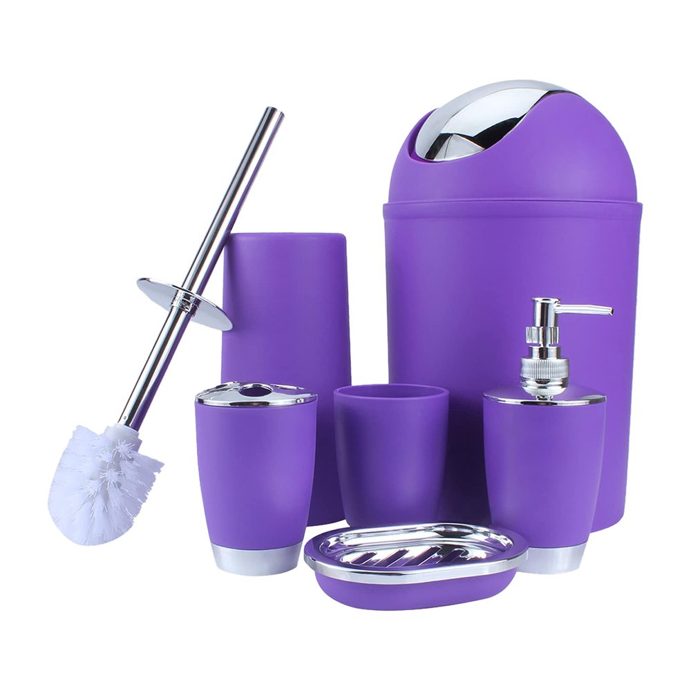 6 Pcs Bathroom Accessories Set, Toothbrush Holder, Toothbrush Cup, Soap Dispenser, Soap Dish, Toilet Brush Holder, Trash Can (Purple)
