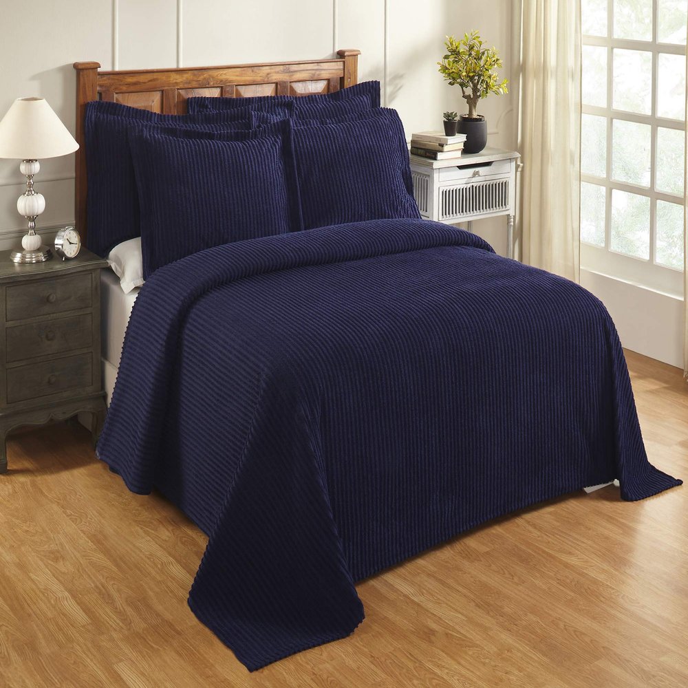 Better Trends Chenille Bedspreads Full/Double Size, Navy 100% Cotton Chenille Stripe Design Tufted Bedding Coverlet Soft Lightweight, 81"x110" 1 Pieces Jullian Collection