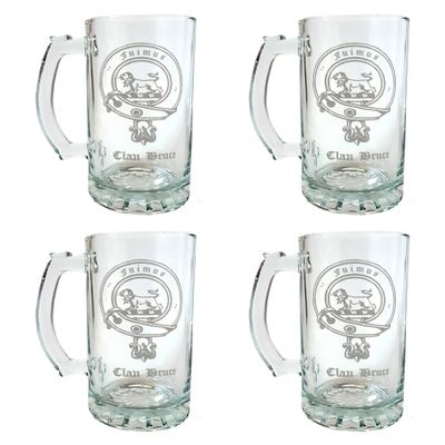 Bruce Scottish Clan Crest Beer Stein Set of 4, 16oz  Personalized Heraldic Engraving
