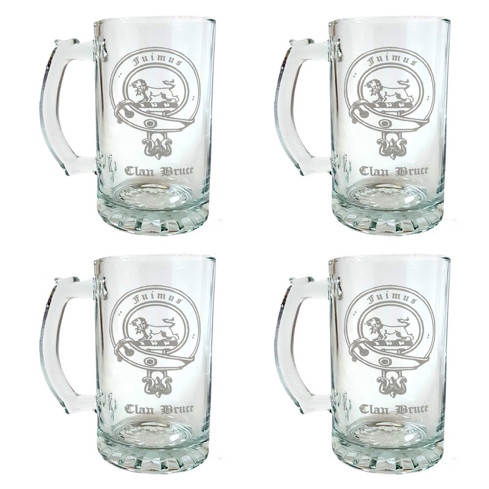 Bruce Scottish Clan Crest Beer Stein Set of 4, 16oz  Personalized Heraldic Engraving